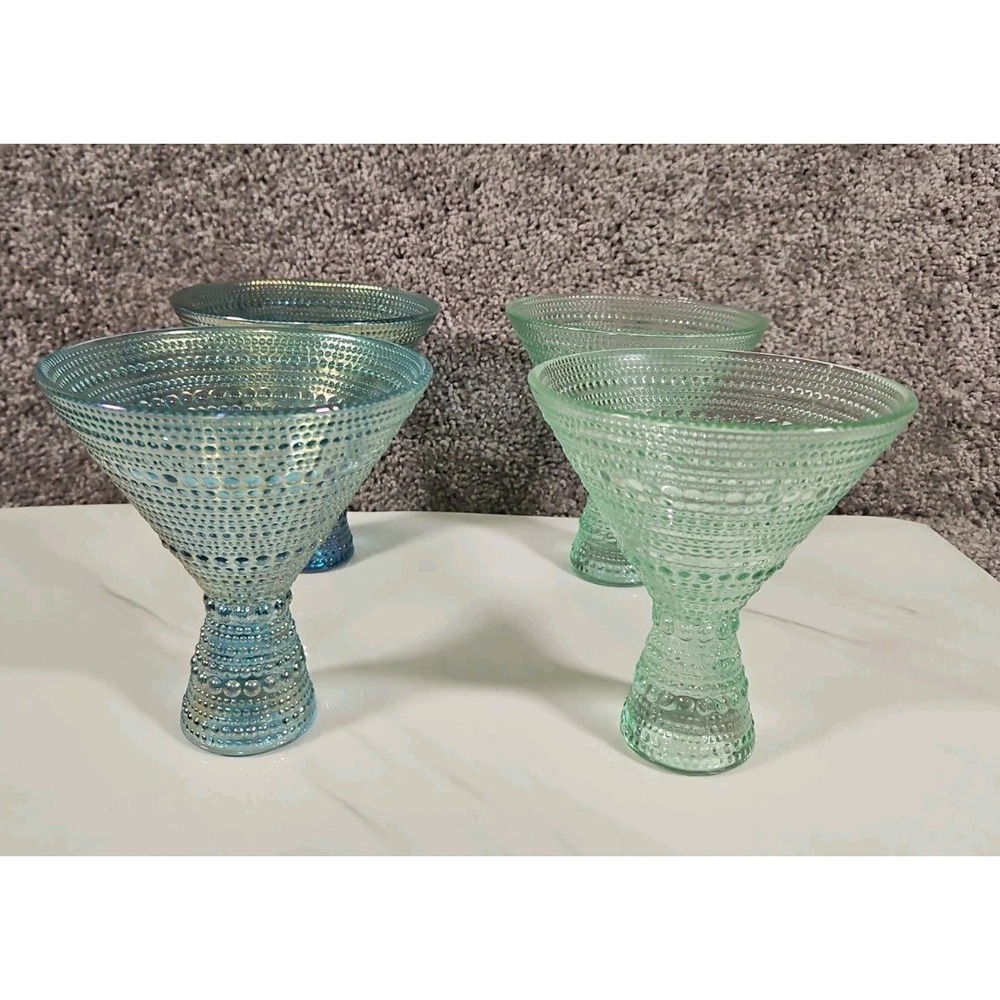 4 BKLYN Brooklyn Steel Blue /green Dot Hobnail 10 Oz.  Martini Glasses New